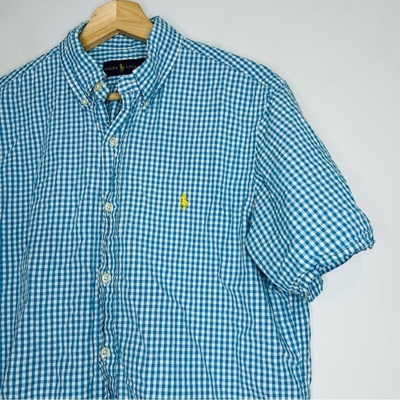 Ralph Lauren Blue Gingham Seersucker Cotton Button Up M - Picture 2 of 6